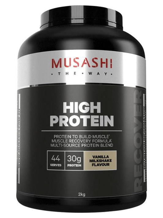 Musashi high protein vanilla milkshake powder available at Leaton Performance.