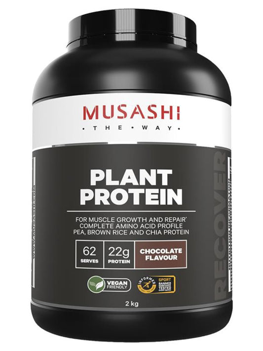 Musashi plant-based chocolate protein powder, featured in Leaton Performance.