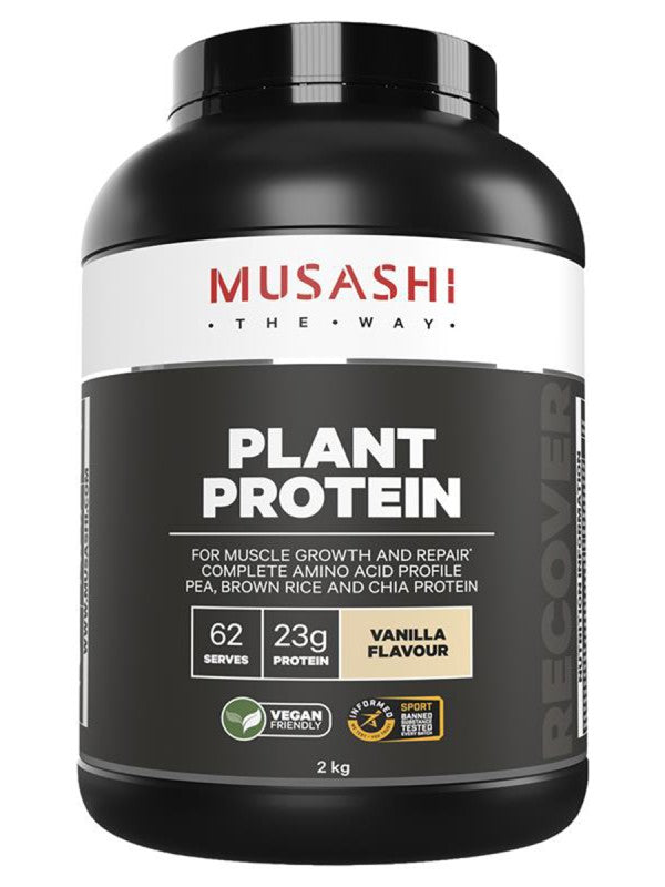 Musashi plant-based vanilla protein powder available in Leaton Performance.