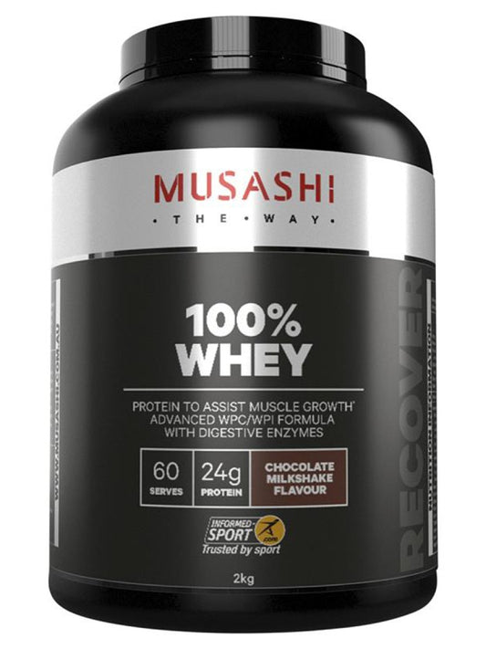 Musashi whey chocolate protein powder available in Leaton Performance. 