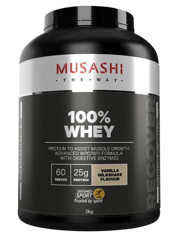 Musashi whey vanilla protein powder at Leaton Performance.